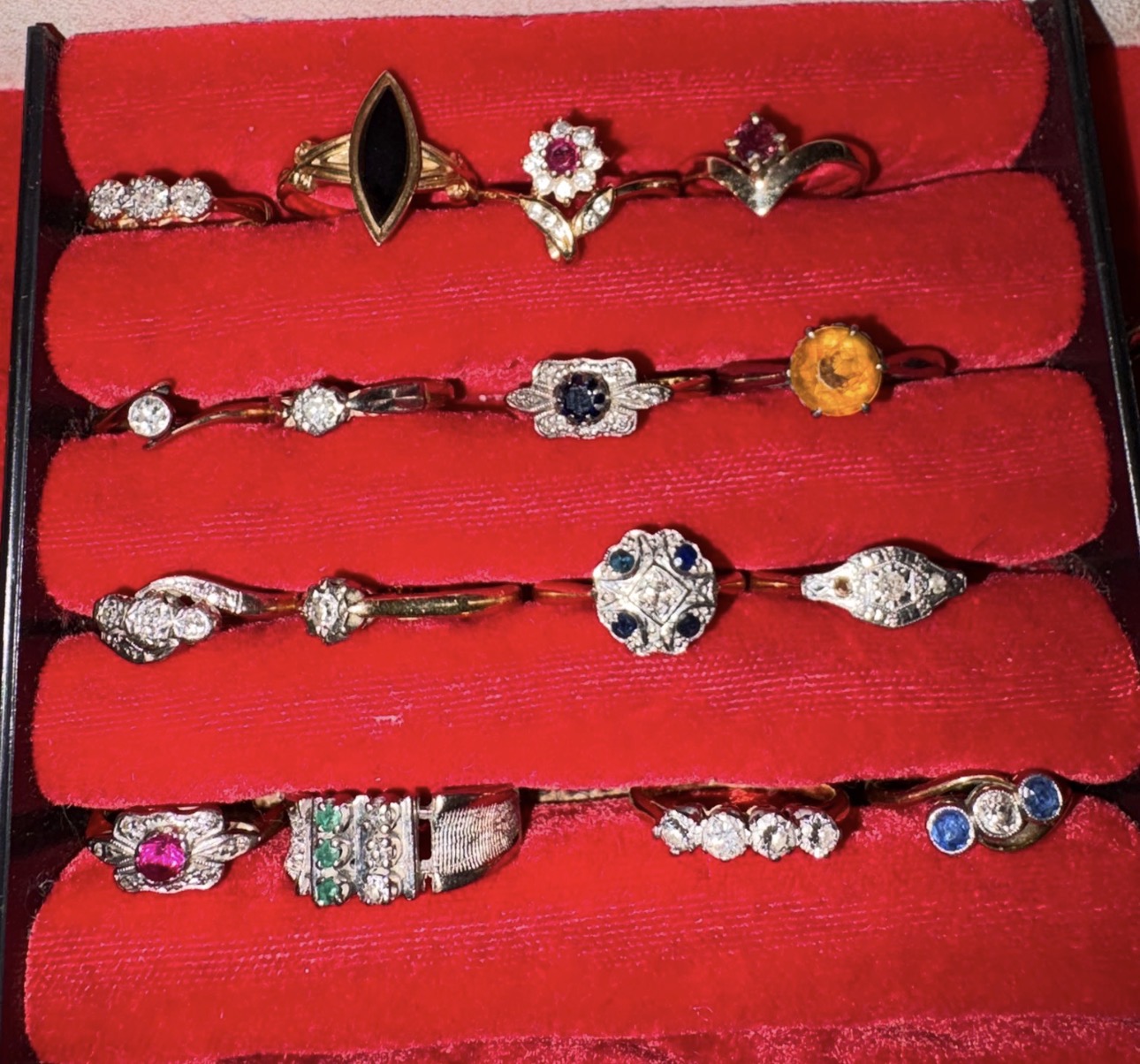 Tray of vintage rings showing the variety of repair work we carry out